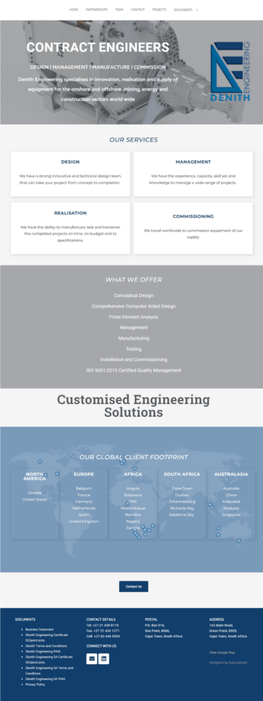 Screenshot of the Denith Engineering website showcasing the layout of the site