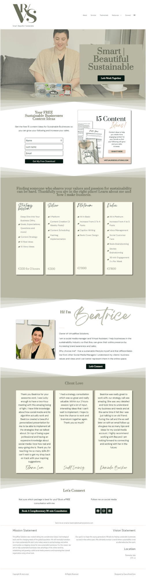 Screenshot of the Virtual Rise Solutions website showcasing the layout of the site