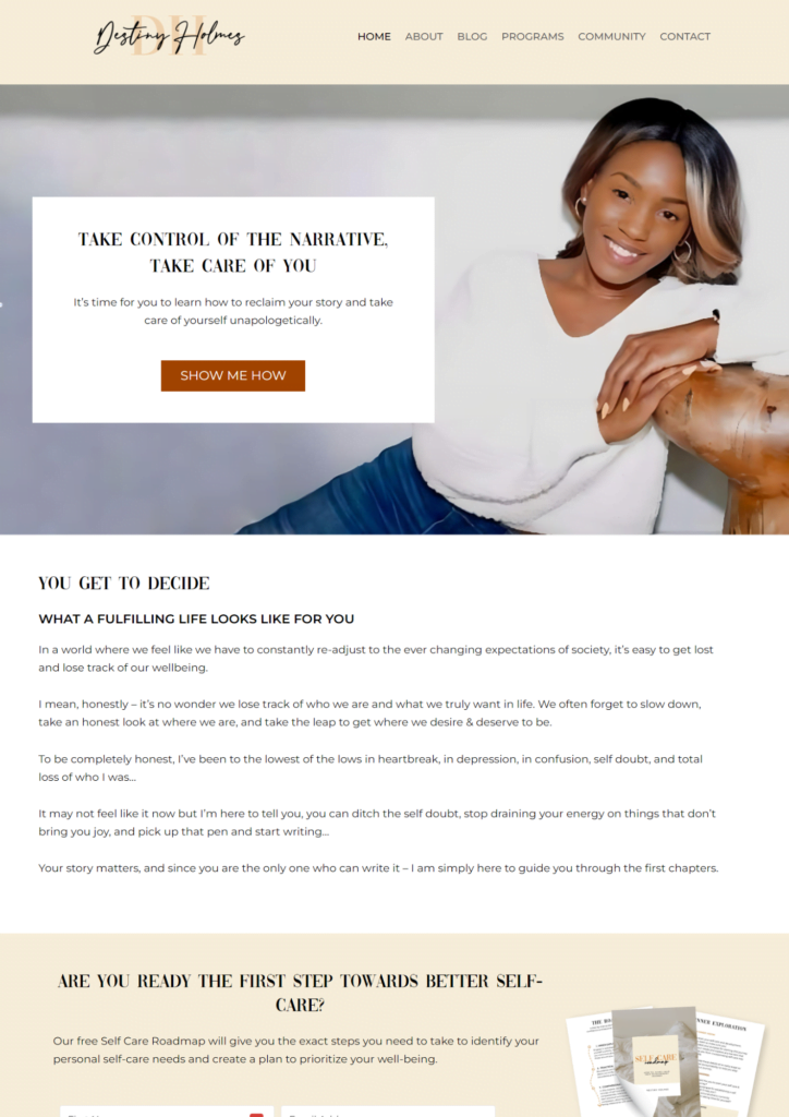 The top part of Destiny's website