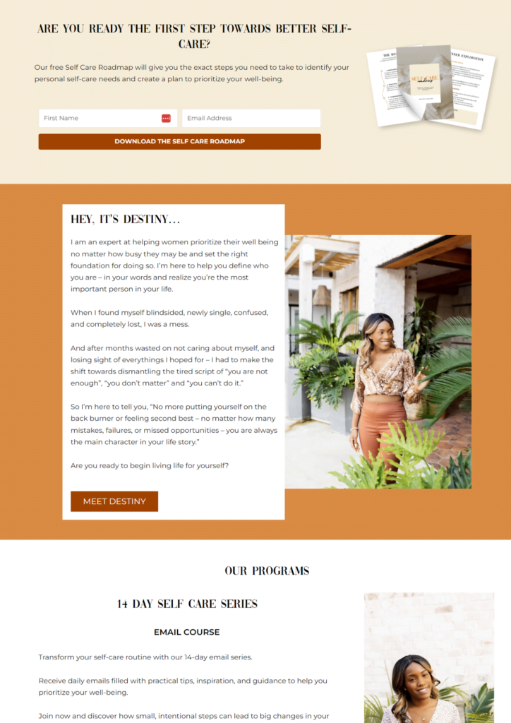 The middle part of Destiny's website